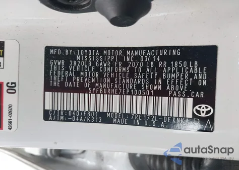 2014 Toyota Corolla Le Plus z USA, uszkodzony, nr VIN 5YFBURHE7EP100501